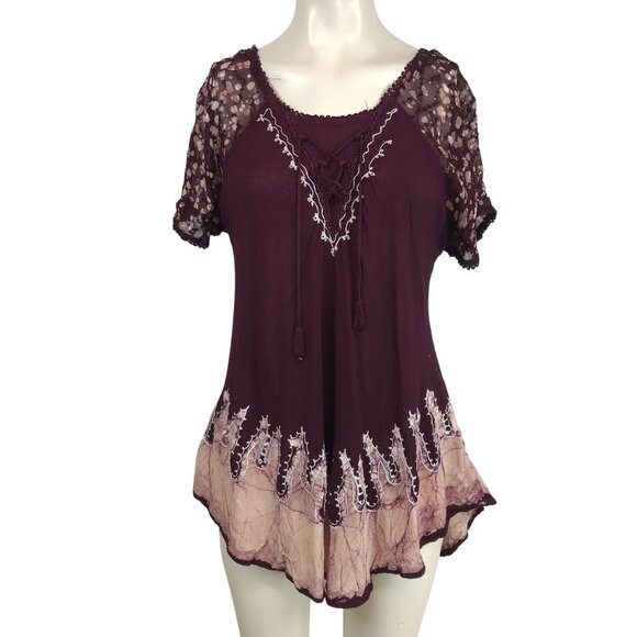 SAKKAS- WOMEN'S FREE SIZE - BURGUNDY SHORT SLEEVES TIE DYE EMBROIDERED TOP - Picture 1 of 7
